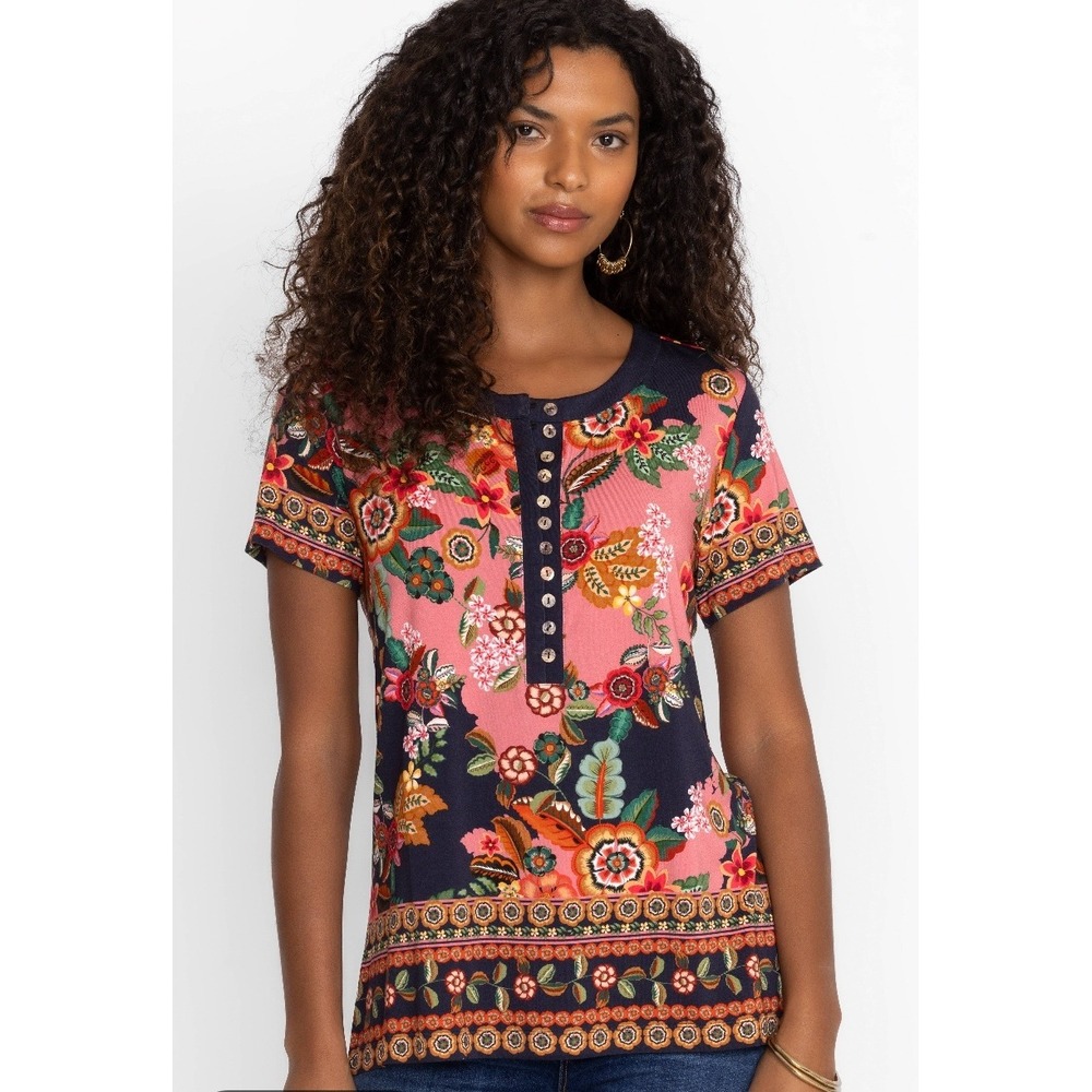 Johnny Was Janie Favorite Short Sleeve Shirt Henley Tee Floral Pink Navy XL Boho